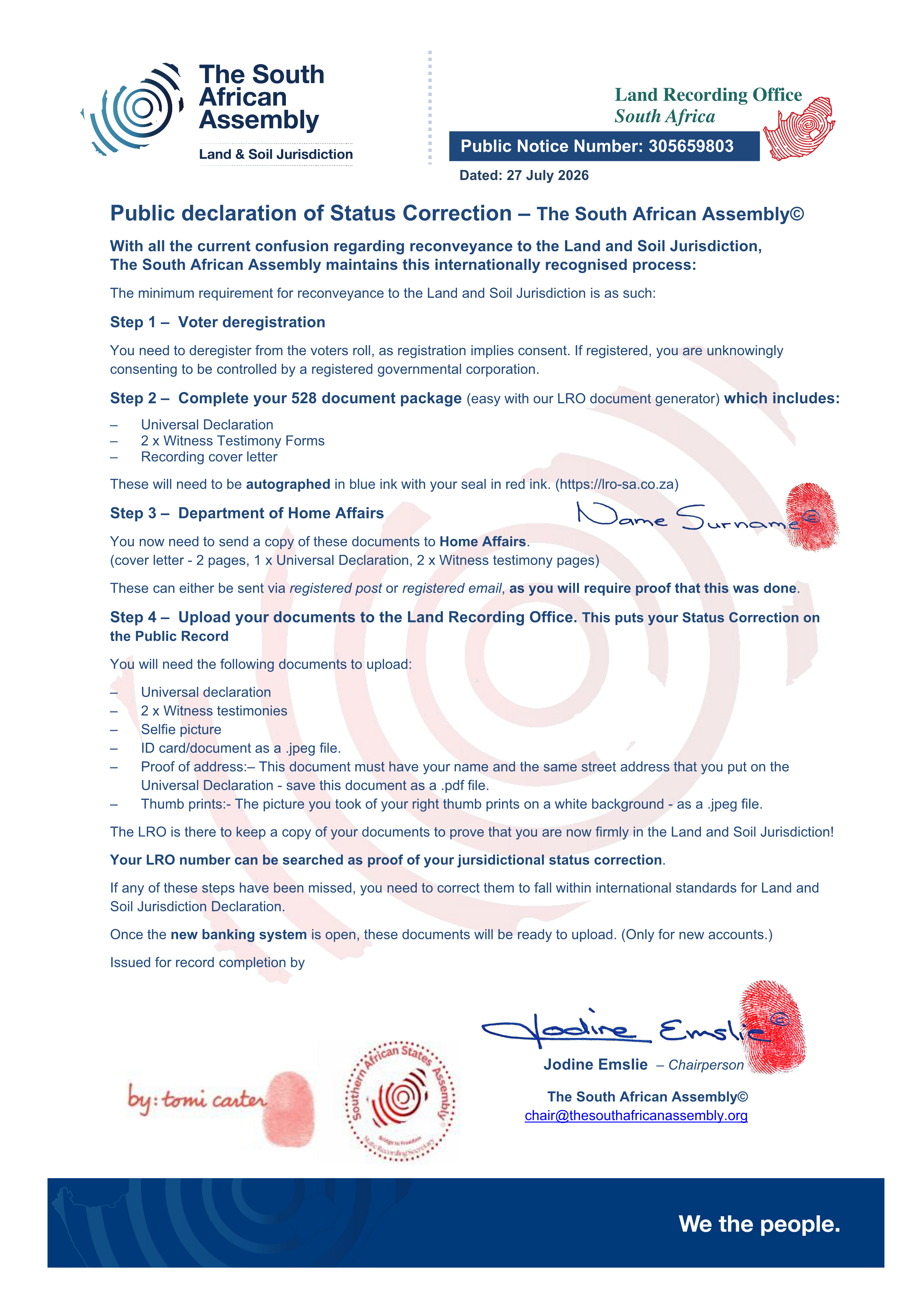 Public notice The South African Assembly Recording number 305659803  Reconveyance procedure